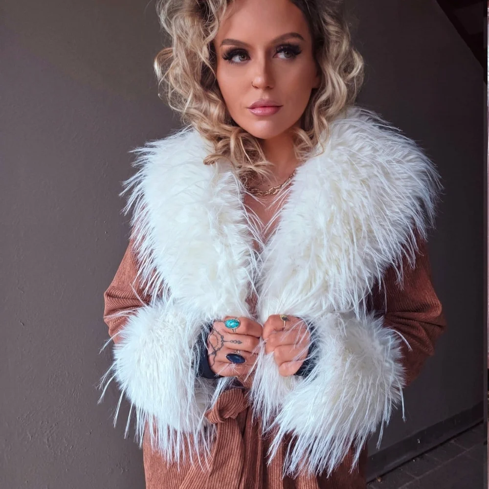 Corduroy Faux Fur Trim Belted Coat - Picture 2 of 5